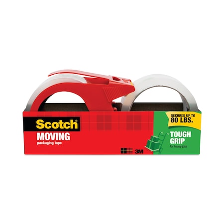 Scotch Tough Grip Moving Packaging Tape with Dispenser, 3" Core, 1.88" x 38.2 yds, Clear, 2PK MMM3500S21RD